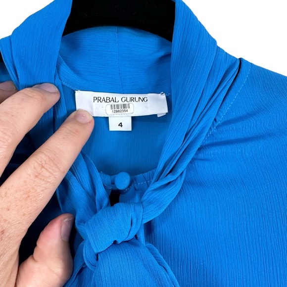 Prabal Gurung Blue Sheer Chiffon Tie Neck Bell Sleeve Blouse Size 4 - Picture 3 of 6